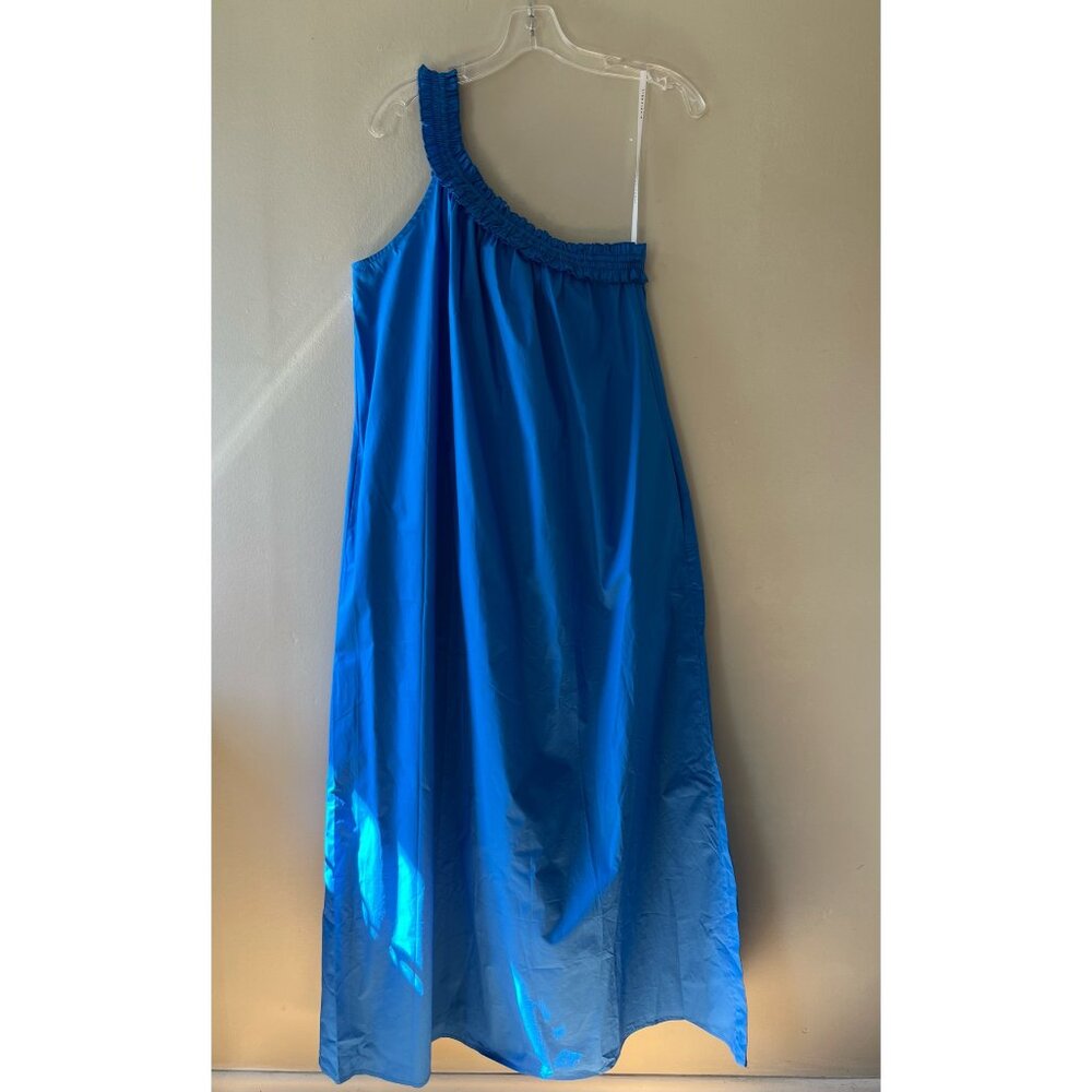 Bird & Knoll XL Blue Donatella Poplin Maxi Stretch Dress One Shoulder Pockets